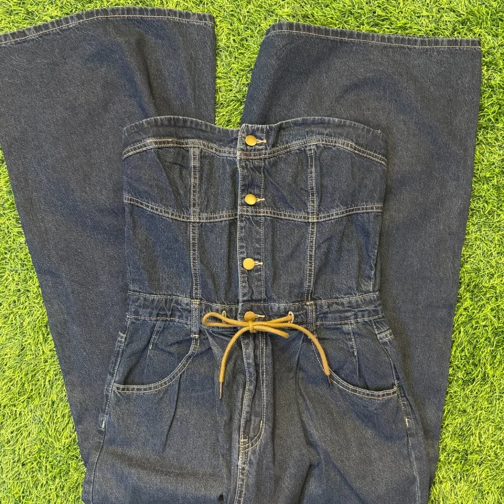 NWOT Drawstring Waist Tube Jumpsuit With Wide Leg Jeans - Picture 6 of 6